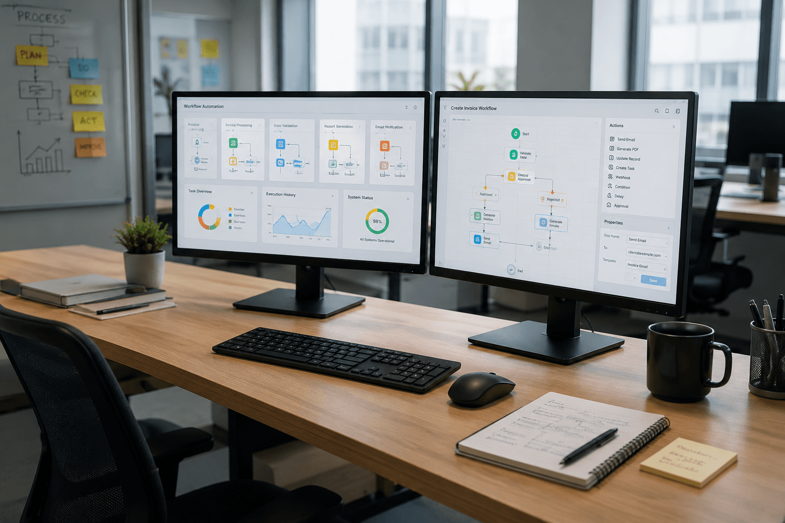 Business automation workspace with dashboards and workflow screens