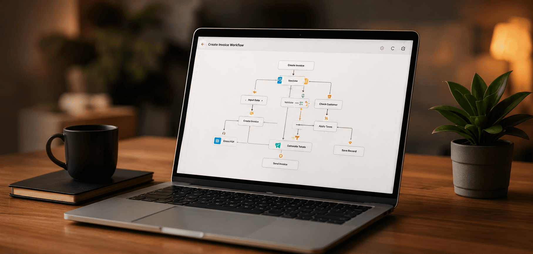 Laptop showing a scalable digital product planning workflow on a warm desk